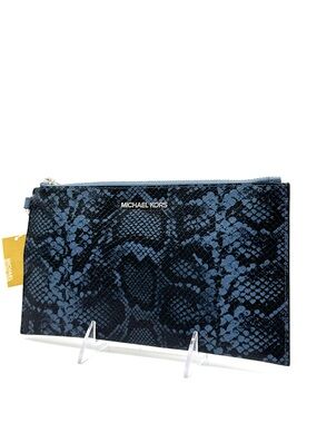 Michael Kors Blue Snake-Print Zip Pouch with Gold Logo